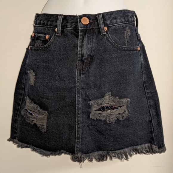 GLAMOROUS Jeans Dolls Kill Distressed Denim Mini Skirt Peekaboo Purple Sequins - Picture 4 of 8